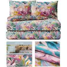AVERI gultas veļa, tirkīza krāsa, apdrukāts ziedu motīvs, tropu stilā, 160x200+70x80*2