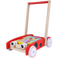 Koka stumjamā rotaļlieta - rati ar klucīšiem 