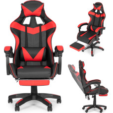 Kausa spēļu krēsls, biroja krēsls ar regulēšanu un kāju balstu spilveniem, sarkans